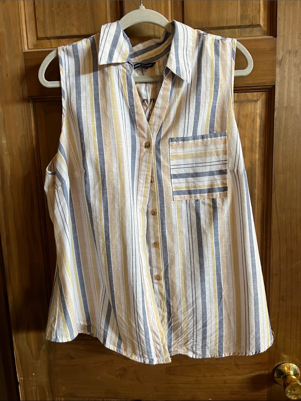 Unique Spectrum Sleeveless Striped Button-Front Blouse in Yellow, Blue & White